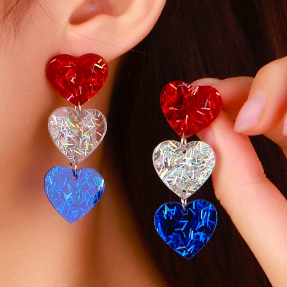 Patriotic Acrylic Heart Dangle Earrings